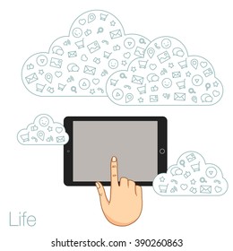 Demonstration screen tablet for presentation applications. Icons set in flat style on background. Illustration of cloud technology and services. Hand with tablet. Social media and networking in device