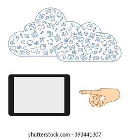 Demonstration screen tablet for presentation applications. Icons set in flat style on background. Illustration of cloud technology and services. Hand with tablet. Social media and networking in device