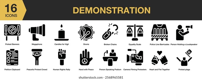 Demonstration solid icon set. Includes demonstration, protest, revolution, activist, strike, and More. Solid icons vector collection.