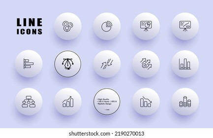 Demonstration of statistics set icon. Bar, pie, donut chart, flipchart, data analysis, arrows, organization chart, strategy, presentation, hierarchy. Business concept. Neomorphism. Vector line icon.