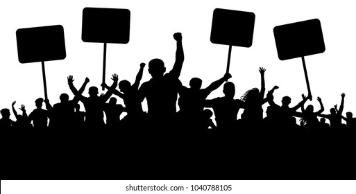 Demonstration, strike, manifestation, protest, revolution. Silhouette background vector. Sports, mob, fans. Crowd of people with flags, banners