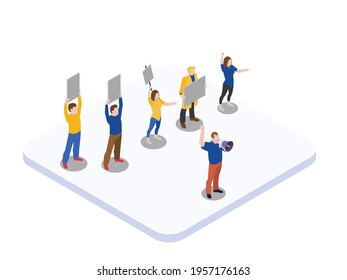 Demonstration vector concept. Male activist shouting through megaphone to protest while leading demonstrations