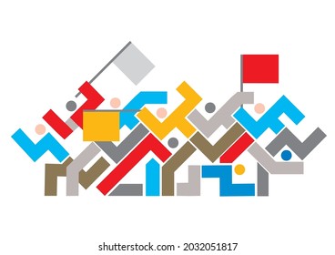 Demonstration, violence icon. Stylized symbol with abstract people with flags symbolizing Mass protests. Vector available.