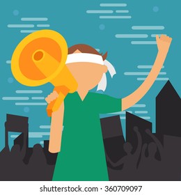 demonstration young man yelled at megaphone loud speaker  shouting vector illustration protest demonstrate