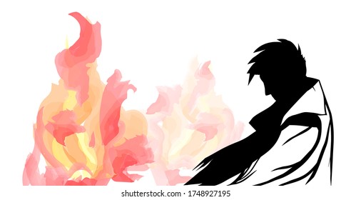 Demonstrations against racism, discrimination.Bonfires of revolution. Silhouette military man in raincoat. Lest We forget. Memory day 1939-1945. 8, 9 may World War 2 Remembrance Day. Protests in city