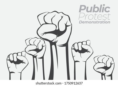 Demonstrations, revolutions, protests brandishing arms with achievements PUBLIC PROTEST DEMONSTRATION. An arm. Vector illustration.