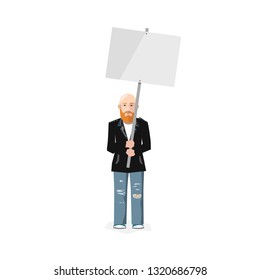 Demonstrator with blank poster, flat character on white