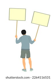 Demonstrator man protester hold banner in hands vector illustration isolated. Hand holding protest placard sign on demonstration, revolution meeting. Loud boy angry laborer with poster on street event