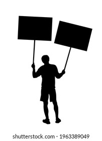 Demonstrator man protester hold two banners in hands vector silhouette isolated. Hand holding protest placard sign on demonstration, revolution meeting. Boy with posters on street event.