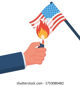 Demonstrator sets fire to the American flag. USA flag on fire. The symbol of protest. A sign of uprising against politics and the state. Vector illustration flat design. Isolated on white background. 