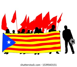 Demonstrators with flags and banners for the independence of Catalonia