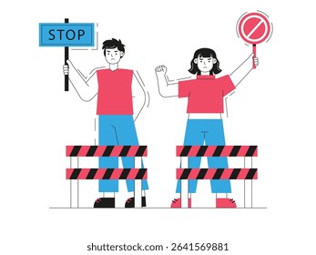 The demonstrators are protesting in public, against government politics. Character design. Vector flat illustration