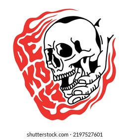 demons.vector illustration.image of skull in hand and font.linear style.picture isolated on white background.modern typography design perfect for tattoo,t shirt,poster,banner,sticker,web,etc