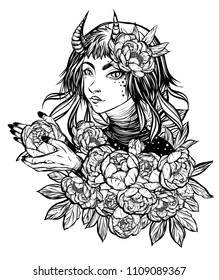 Demon.Vector illustration.Girl with horns. Peonies in the hands. Bouquet of peonies, prints on T-shirts, tattoos, background white. Handmade