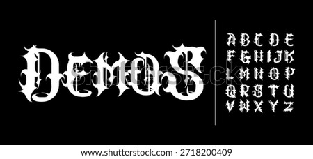 Demos font A unique gothic blackletter display font with sharp ornamental details, perfect for dark branding, metal titles, and medieval designs.