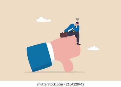 Demotivation from failure, mistake or negative feedback, no passion or burnout from exhausted work, mental breakdown or depression concept, sad stressed businessman sit on negative thumb down symbol.