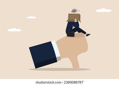 Demotivation from failure, mistakes or negative feedback, work burnout, depression concept, sad stressed businessman sitting on negative thumbs down symbol.