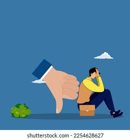Demotivation failure, negative feedback, burnout from exhausted work, mistake or depression , stressed businessman sitting with feedback with negative thumb.