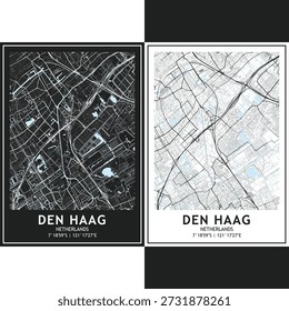 Den Haag city map vector set, bundle of dark and light minimalist urban roadmap with scalable street grid, highways, and planning layout