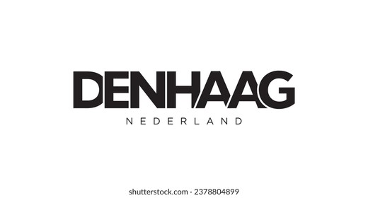 Den Haag in den Niederlanden Emblem für Druck und Web. Das Design zeichnet sich durch geometrischen Stil, Vektorgrafik mit gewagter Typografie in moderner Schrift aus. Grafische Slogan-Schrift einzeln auf weißem Hintergrund.