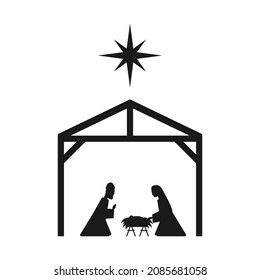 Den scene. Silhouette of the baby Jesus in the manger, the Virgin Mary, Joseph and the Christmas star. The birth of Jesus Christ. Feast of Christmas. Holy night. Vector illustration.