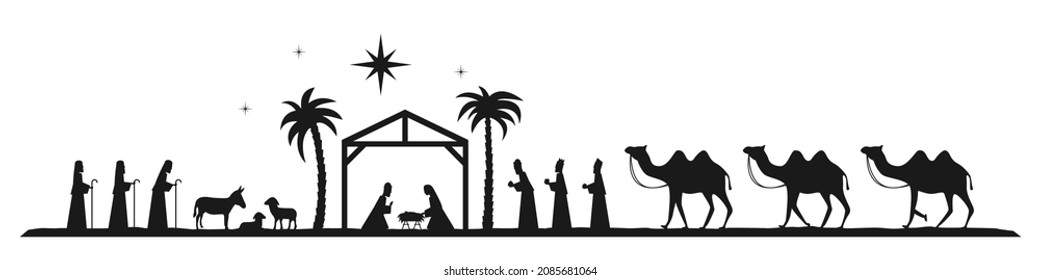 Den scene. Silhouette of baby Jesus in a manger, Mary, Joseph, shepherds, magi, etc. The birth of Jesus Christ. Feast of Christmas. Holy night. Christmas vector illustration.