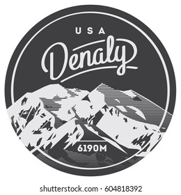 Denali in Alaska Range, North America, USA outdoor adventure badge. McKinley mountain illustration.