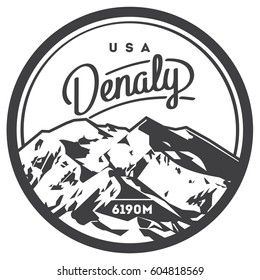 Denali in Alaska Range, North America, USA outdoor adventure badge. McKinley mountain illustration.