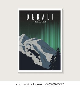 Dibujo del afiche del Parque Nacional Denali, hermosa aurora en el diseño del afiche del paisaje montañoso