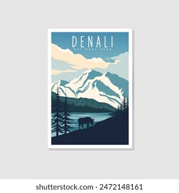 Denali National Park poster illustration, beautiful aurora on the mountain scenery poster design