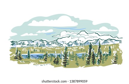 Denali national park vector sketch illustration usa nature 