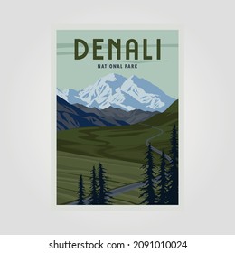 denali national park vintage poster illustration design, denali landscape view