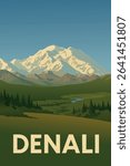 Denali, North America’s highest peak, rises above the vast Alaskan wilderness, showcasing its majestic beauty. The view captures the untamed natural landscape of Alaska’s iconic wilderness.
