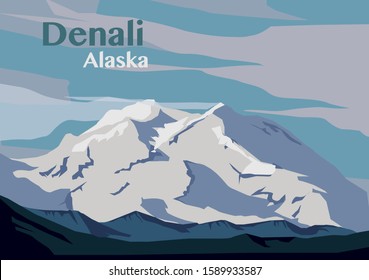 Denali peak at Denali National Park in Alaska. Vector illustration