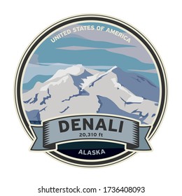 Denali peak at Denali National Park in Alaska. Vector illustration