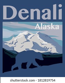 Denali peak at Denali National Park in Alaska. Vector illustration