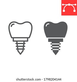 Denatal implant line and glyph icon, dental and stomatolgy, implant tooth sign vector graphics, editable stroke linear icon, eps 10