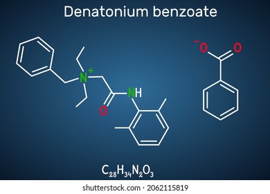 Denatonium benzoate molecule. It has the most bitter taste of any compound known to science. Structural chemical formula on the dark blue background. Vector illustration