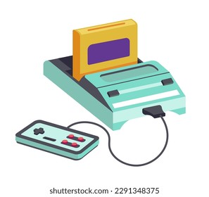 Dendy brand game console with cartridge and controllers. Isolated icon of old school games and entertainment systems for children and adults. Playing videogames and resting. Vector in flat style