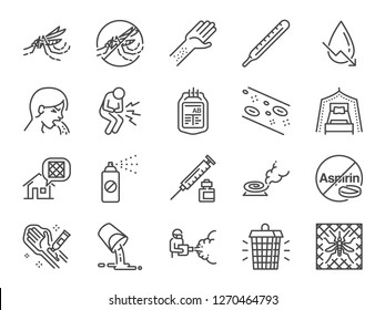 Dengue Fever Line Icon Set. Included The Icons As Dengue Virus, Mosquito Killer, Insect Repellent, Prevention, Mosquito Net And More.