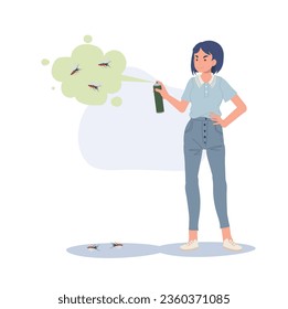  Dengue Fever Prevention concept. Mosquito Protection.   Woman Eliminating Insects with Spray. Flat vector cartoon illustration