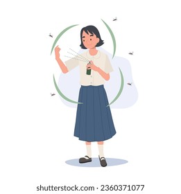 Dengue Fever Prevention. young Thai student using Mosquito Spray for Shields Against Zika.