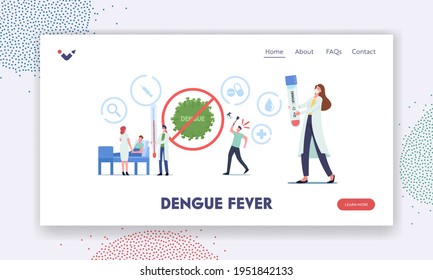 Dengue Fever Sickness Spreading with Mosquitoes, Symptoms Landing Page Template. Diseased Patient Lying in Medical Bed in Hospital, Doctor Characters Heal Sick Man. Cartoon People Vector Illustration