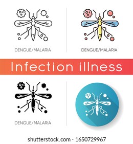 Dengue, Malaria-Ikone. Lineare Schwarz- und RGB-Farbstile. Tropische Infektionskrankheiten, gefährliche durch Mücken übertragene Krankheiten. Afrikanisches Blutsaugeinsekt, Krankheitsträger, einzelne Vektorgrafiken