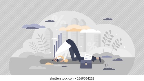 Denial as business problem ignorance with head in sands like ostrich tiny persons concept. Businessman fear and financial crisis situation easiest solution without real action vector illustration.