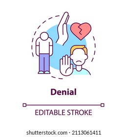 Denial concept icon. Relationship ending. Stage of divorce abstract idea thin line illustration. Isolated outline drawing. Editable stroke. Roboto-Medium, Myriad Pro-Bold fonts used