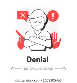 Denial flat outline concept icon. Initial reaction to change. Refuse to believe and acknowledge. Five stages of grief. Modern line illustration with red glyphs. Conceptual visual. Easy to edit