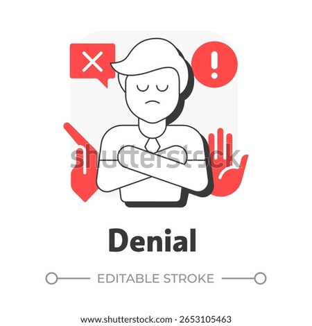 Denial flat outline concept icon. Initial reaction to change. Refuse to believe and acknowledge. Five stages of grief. Modern line illustration with red glyphs. Conceptual visual. Easy to edit