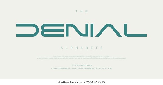 Denial  futuristic minimalist display font design, alphabet, typeface, letters and numbers, typography.