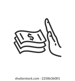 Denial of money, linear icon. Hand showing stop gesture. Line with editable stroke svg